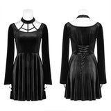 Gothic Daily Cross Halter-Neck Long Sleeve Velvet Short Dress For Women