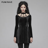 Gothic Daily Cross Halter-Neck Long Sleeve Velvet Short Dress For Women