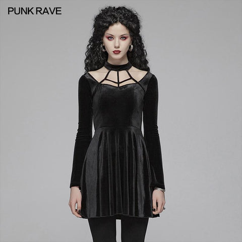 Gothic Daily Cross Halter-Neck Long Sleeve Velvet Short Dress For Women