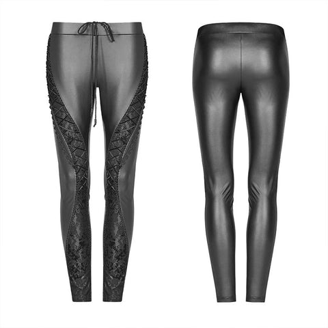 Gothic Women Elasticity Knit PU Legging Pants With Curves Lace Decoration