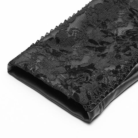 Gothic Women Elasticity Knit PU Legging Pants With Curves Lace Decoration