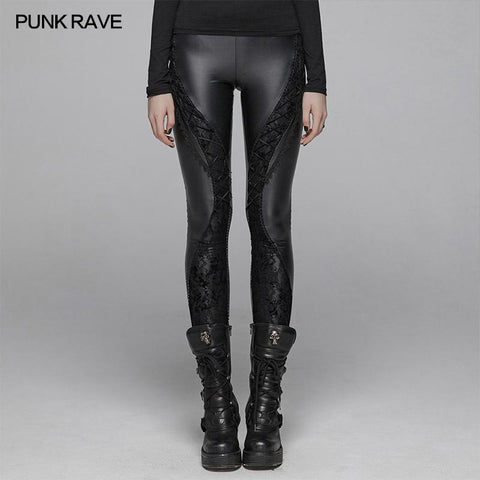 Gothic Women Elasticity Knit PU Legging Pants With Curves Lace Decoration