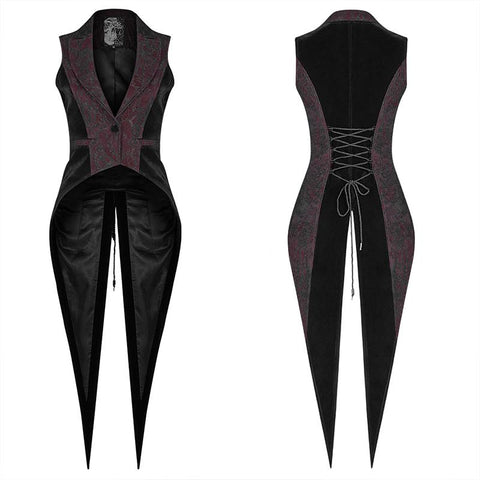 Gothic Red And Black Tuxedo Vest V-neck Tailcoat For Women