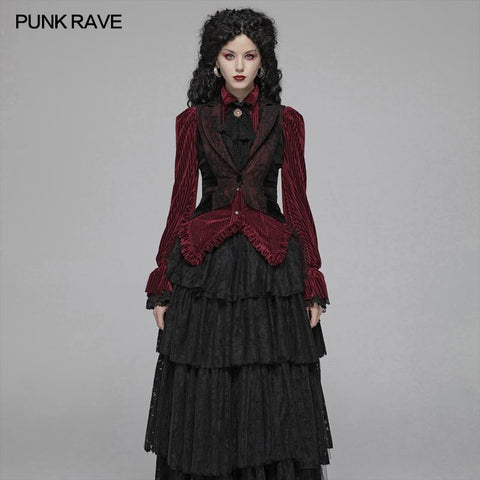 Gothic Red And Black Tuxedo Vest V-neck Tailcoat For Women