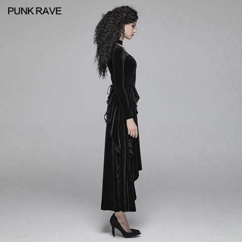Gothic Daily Women Long Sleeve Velvet High-low Long Dress With Lace