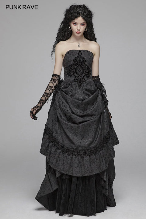Gothic Women Tube Jacquard Long Skirt Lace-up Ball Gown Dress