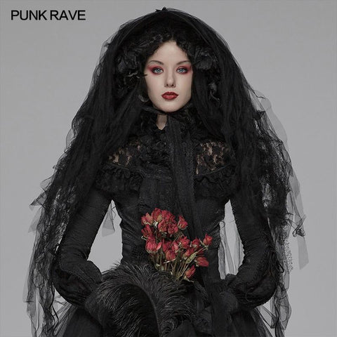 Lolita Dark Hat Long Irregular Tulle And Lace Headwear With Three-dimensional Flower Decoration