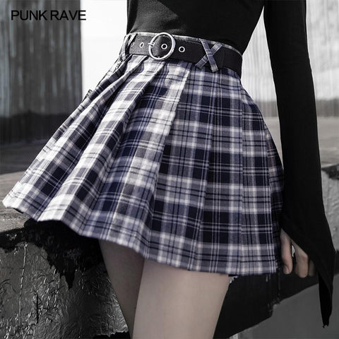 Belt pleated plaid half skirt
