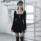 Textured velvet square collar package hip dress