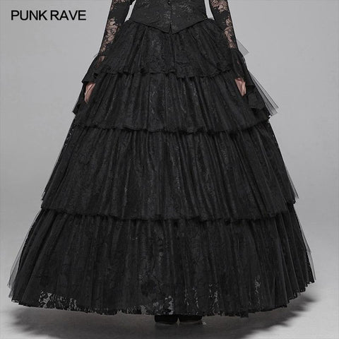 Dark Gothic Long Lace Tiered Skirt Ball Gown Dress