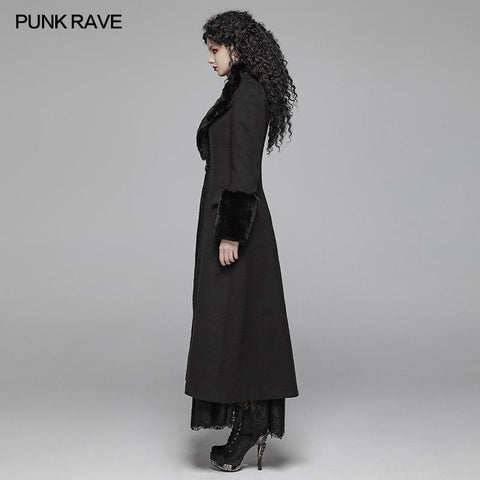 Gothic Women Gorgeous V-neck Long Coat With Detachable Imitation Wool Cuffs