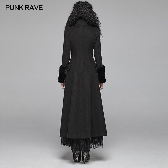 Gothic Women Gorgeous V-neck Long Coat With Detachable Imitation Wool Cuffs
