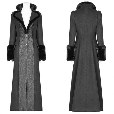 Gothic Women Gorgeous V-neck Long Coat With Detachable Imitation Wool Cuffs
