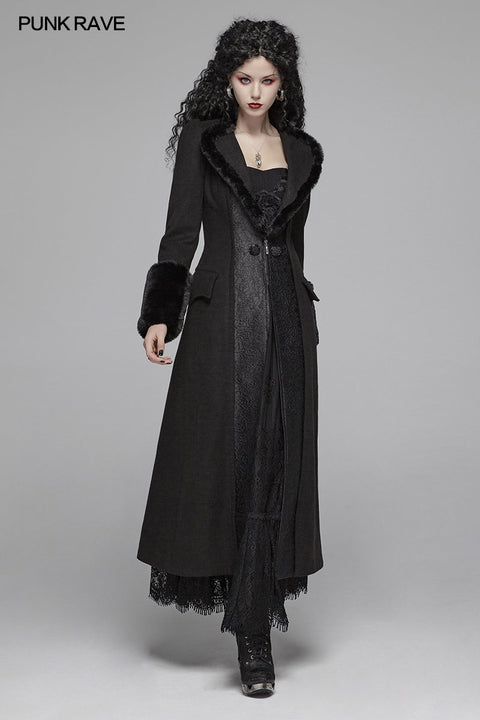 Gothic Women Gorgeous V-neck Long Coat With Detachable Imitation Wool Cuffs