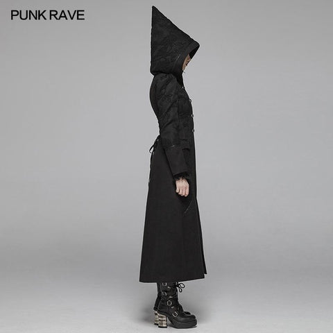 Gothic Long Woolen Coat With Pointed Hooded For Women