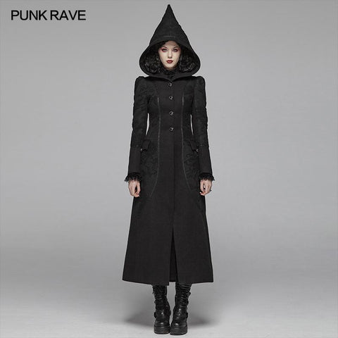 Gothic Long Woolen Coat With Pointed Hooded For Women