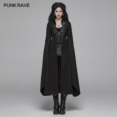 Gothic Double-sided Woolen Standing Collar Long Coat With Broken Block-style Sleeves For Women