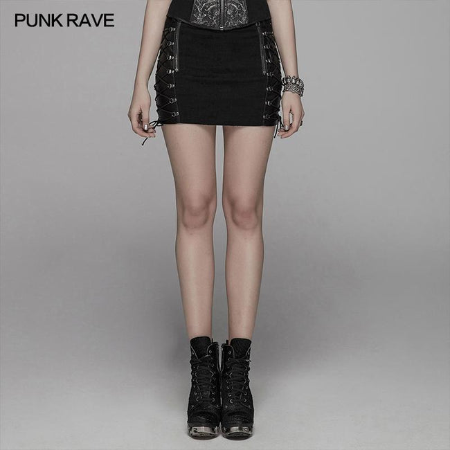 Punk Metal Mini Half Skirt With Two Sides Lace-up Design