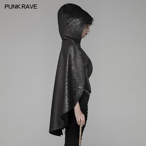 Steam Punk Leather PU Hooded Short Cloak With Lace-up Back
