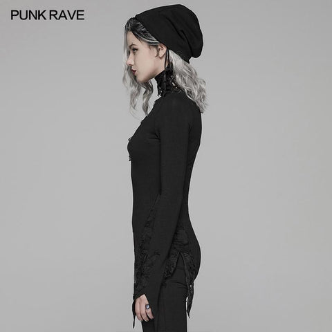 Dark Punk High Collar Long-sleeved Asymmetrical Knitting T-shirt