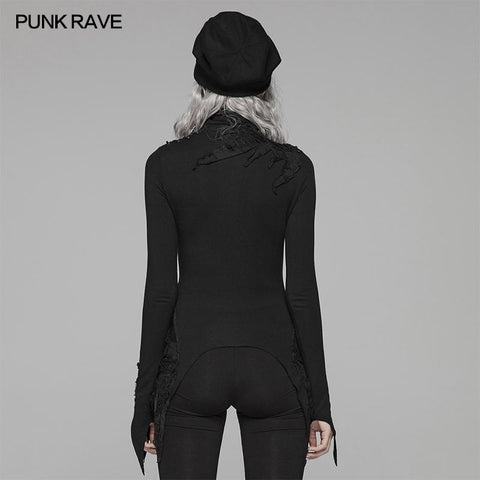 Dark Punk High Collar Long-sleeved Asymmetrical Knitting T-shirt