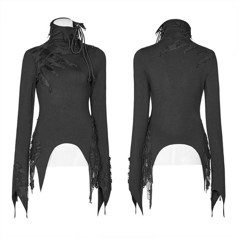 Dark Punk High Collar Long-sleeved Asymmetrical Knitting T-shirt