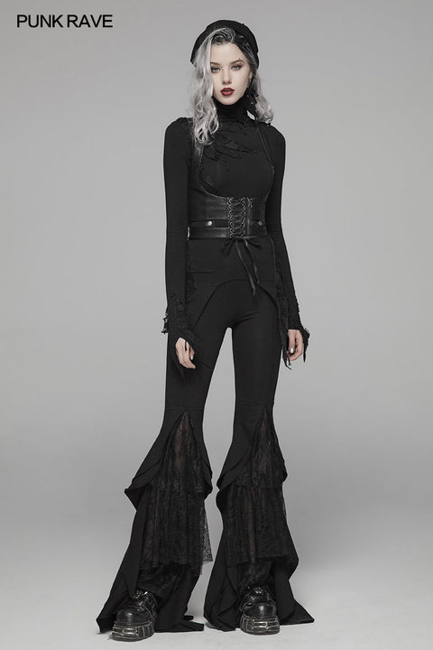 Dark Punk High Collar Long-sleeved Asymmetrical Knitting T-shirt