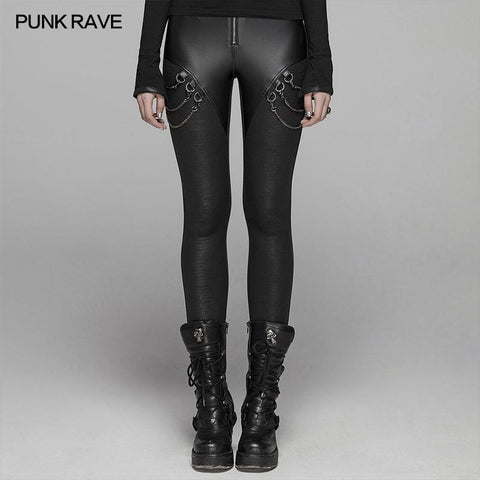 PUNK Women PU Leather Leggings Crack Velvet Tight Pants With Detachable Metal Chain