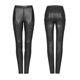 PUNK Women PU Leather Leggings Crack Velvet Tight Pants With Detachable Metal Chain