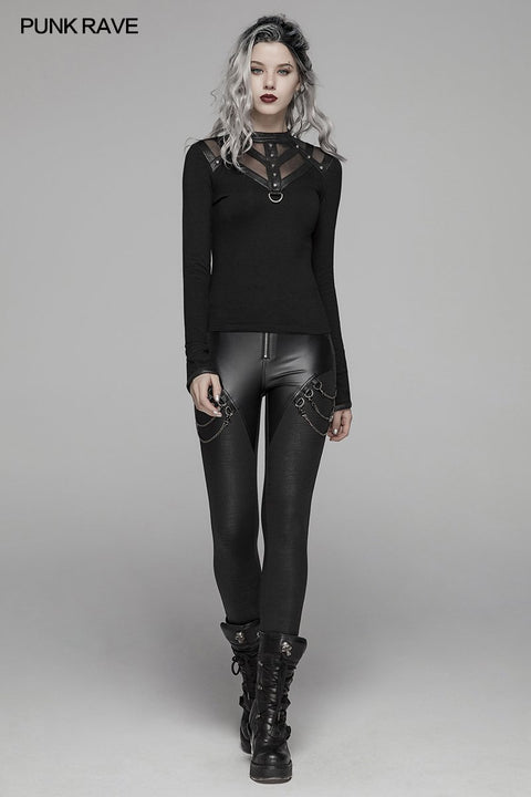 PUNK Women PU Leather Leggings Crack Velvet Tight Pants With Detachable Metal Chain