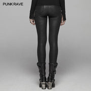 PUNK Women PU Leather Leggings Crack Velvet Tight Pants With Detachable Metal Chain