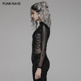 Punk Sexy PU Leather And Elastic Mesh Stitching Long Sleeve T-shirt For Women