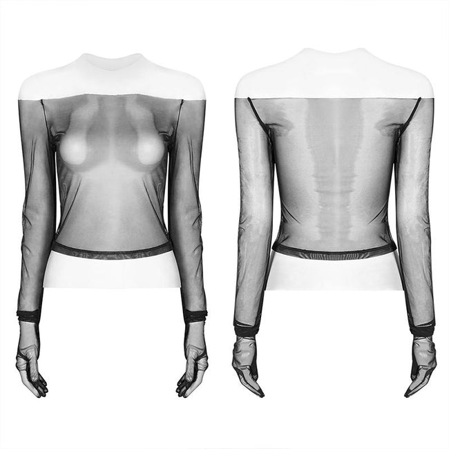 PUNK Off The Shoulder Elastic Transparent Mesh Long Sleeve T-shirt For Women