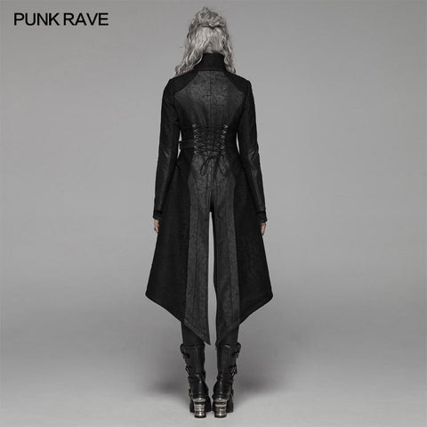 Punk Stand-up Collar Long Jacket With Lace-up Back