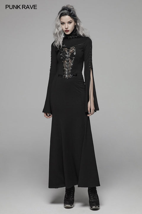 Dark Punk High Collar Cross Decoration Long Dress With A Mask
