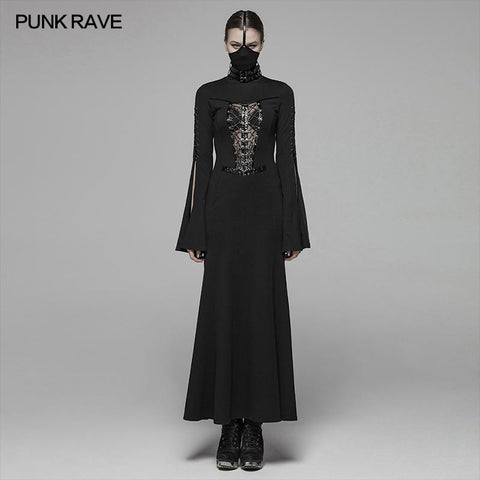 Dark Punk High Collar Cross Decoration Long Dress With A Mask