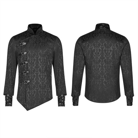 Punk Men Stand Collar Jacquard Fabric Long Sleeve Shirt With Oblique Placket Design