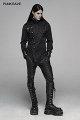 Punk Men Stand Collar Jacquard Fabric Long Sleeve Shirt With Oblique Placket Design