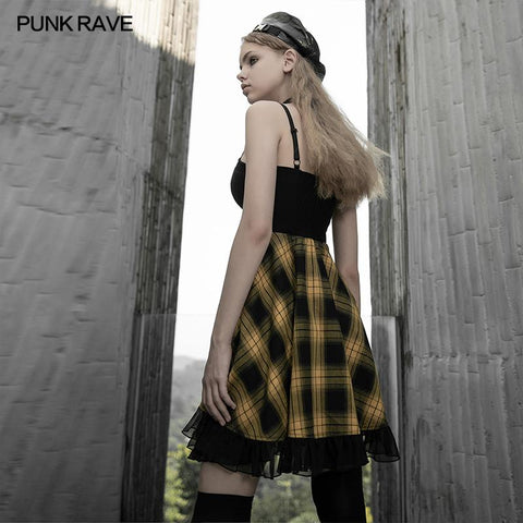 Stitched plaid braces skirt
