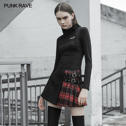 Colored checked folded half skirt with button loop