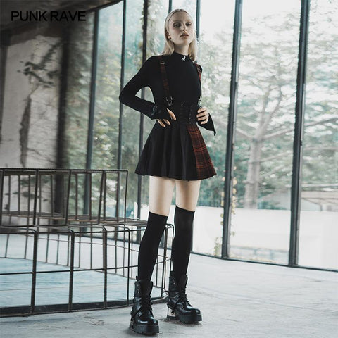 Plaid spliced suspender skirt