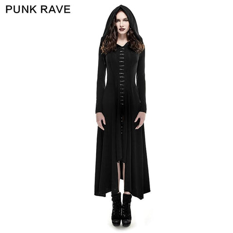 Black Knitted Slim Long Sleeve Hooded Evening Gothic Dresses