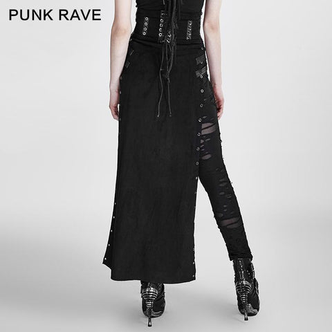 Black Wool Leather Spanking Split Punk Skirt