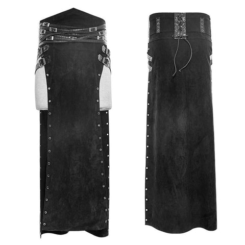 Black Wool Leather Spanking Split Punk Skirt