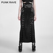 Black Wool Leather Spanking Split Punk Skirt