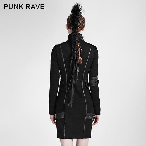 Black High Collar Long Sleeves Skinny Military Punk Dress