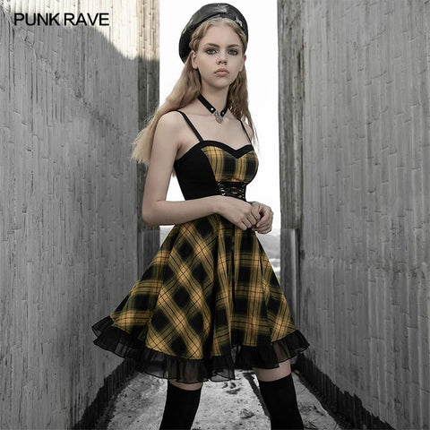 Stitched plaid braces skirt