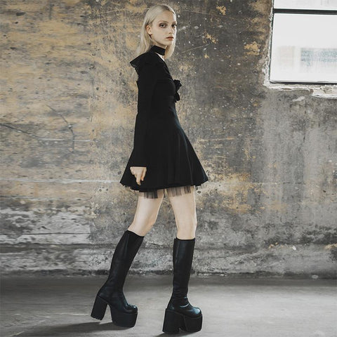 Dark falbala lashing back dress
