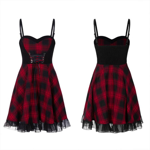 Stitched plaid braces skirt