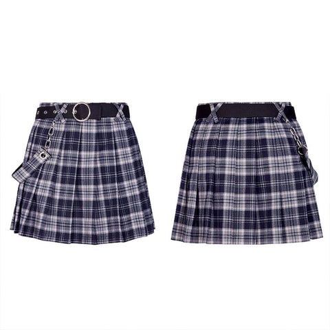 Belt pleated plaid half skirt
